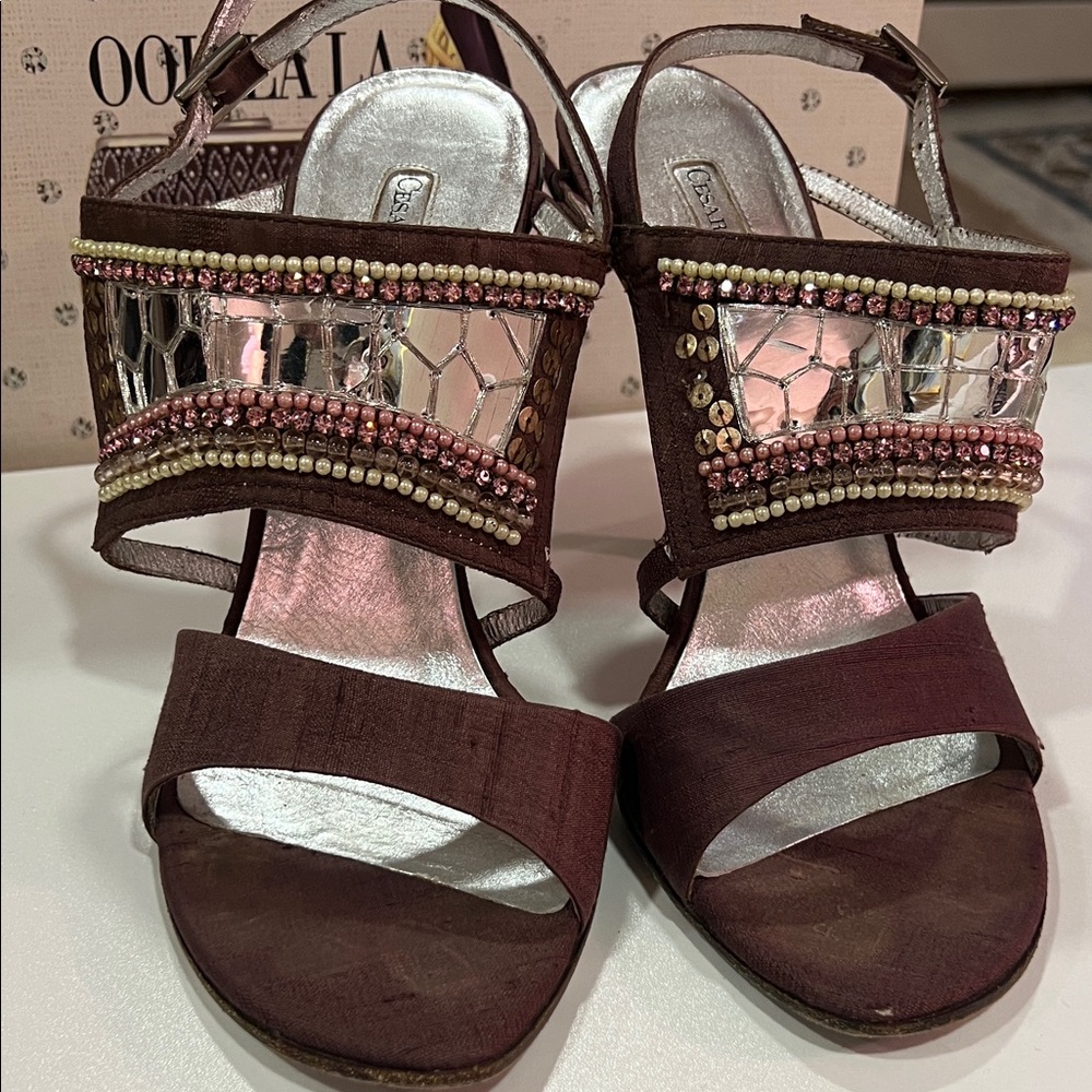 Cesare Paciotti Brown Mirror Embellished Sandals